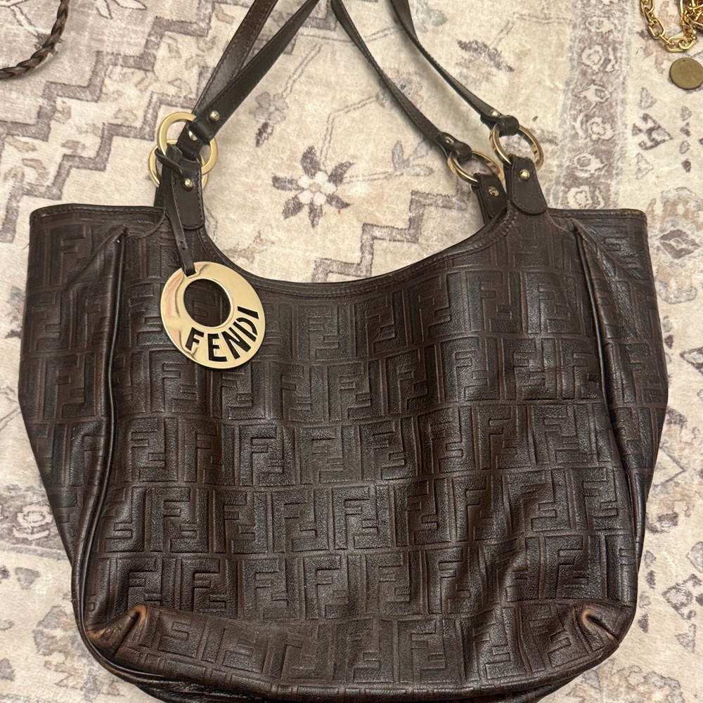 Fendi Dark Brown Embossed Shoulder Bag